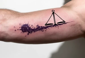 A fine-line scale balances on the arc of the Libra star constellation rendered in shimmering silver on dark plum. tattoo idea
