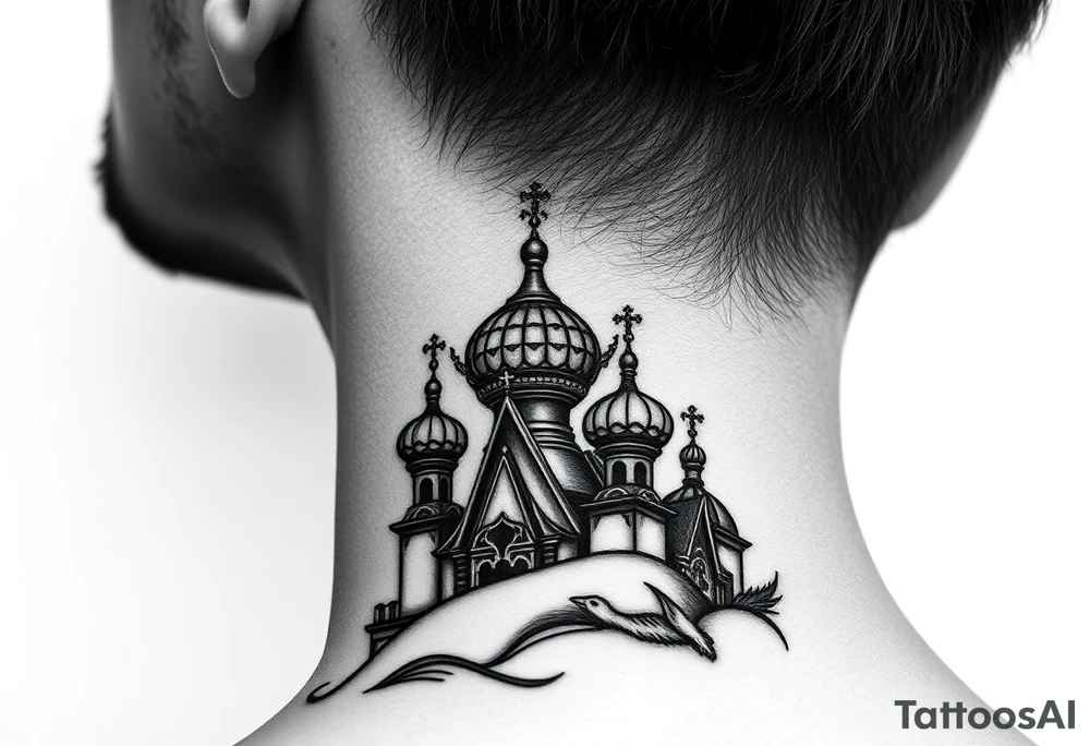 Flowing Scene

A onion domes orthodox church
Virgin Mary in prayer pose wrapping around the lower neck curve
A small double headed russian coat of arms eagle or just the star tucked above the dome near the hairline tattoo idea