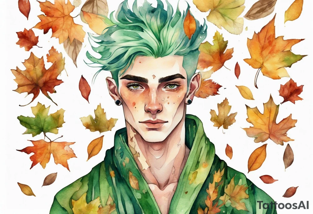 A tall, beautiful 19 year old man with autumn leaves in his green hair hair, skin like tree bark, and a floral robe. tattoo idea
