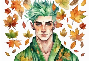 A tall, beautiful 19 year old man with autumn leaves in his green hair hair, skin like tree bark, and a floral robe. tattoo idea