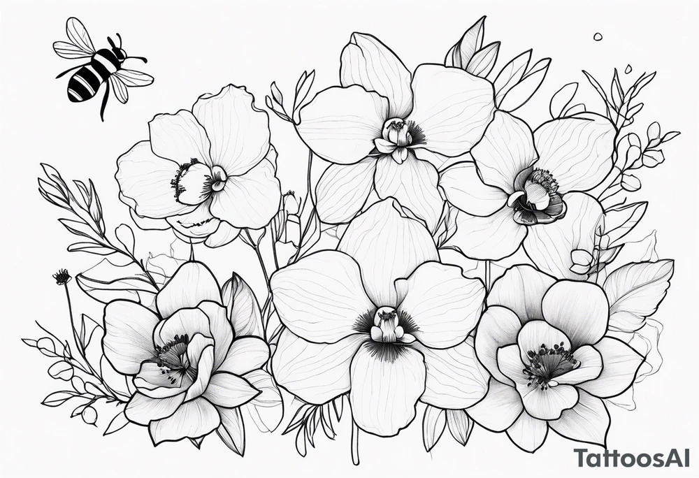 Orchids with wildflowers, poppy, complimentary flowers, bees, peony, forearm tattoo idea