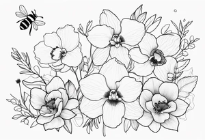Orchids with wildflowers, poppy, complimentary flowers, bees, peony, forearm tattoo idea