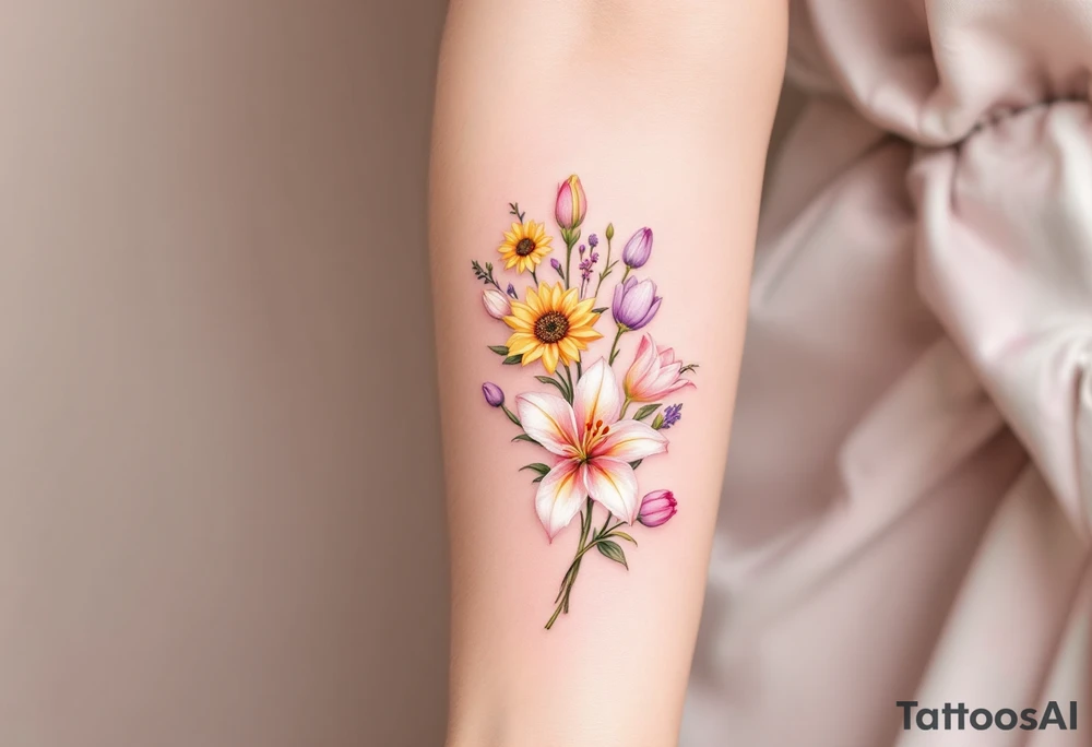 Small Stargazer lillies pale pink with no outline 
with small yellow sunflowers and pale purple tulip buds in a dainty wildflower bouquet with light green stems tattoo idea