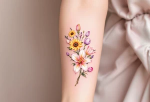 Small Stargazer lillies pale pink with no outline 
with small yellow sunflowers and pale purple tulip buds in a dainty wildflower bouquet with light green stems tattoo idea