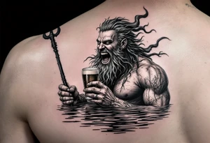 laughing poseidon in calm water, holding a trident, holding a beer tattoo idea