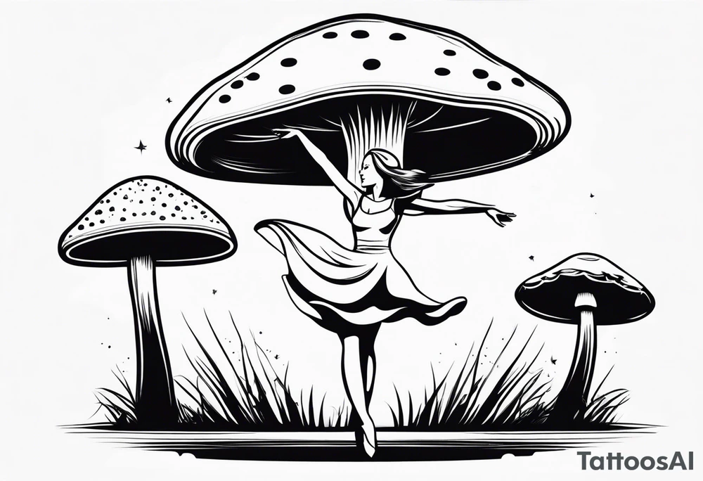 woman dancing around a mushroom tattoo idea