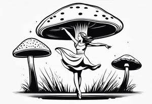 woman dancing around a mushroom tattoo idea