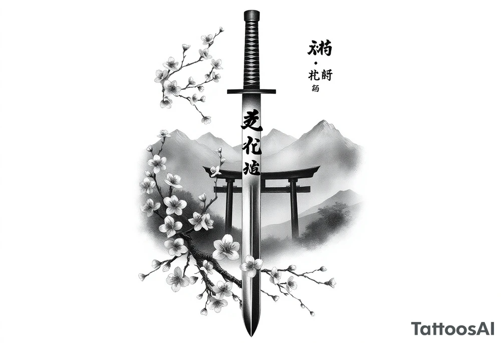 This is a black and gray realism tattoo rooted in discipline, duality, and intention. The centerpiece is a vertical katana, modeled after your original ink, clean and upright like a spine—symbolizing focus, precision, and grounded energy. It’s wrapped in the flowing limbs of a sakura tree, not as an accessory, but as an extension of the blade itself—representing beauty that blooms in adversity. Cherry blossoms aren’t scattered for aesthetics—they move with the wind, some drifting in the foreground, others clinging to the sword like it’s their protector. Behind it all sits a misty torii gate and layered mountains, giving the piece weight, history, and spiritual context. The kanji 平和の剣 (“Sword of Peace”) rides the piece vertically, not slapped on but earned—a message that resonates from the blade outward. The shading is deep and unifying, giving everything one breath, one tone, one story. Nothing floats, nothing competes. The sword doesn’t dominate the art—it becomes the axis around which peace, nature, and power orbit. tattoo idea