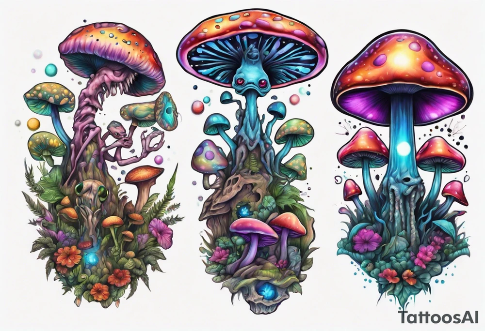 An alien having a psychedelic trip on mushrooms tattoo idea