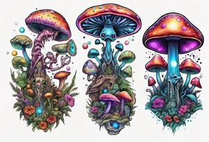 An alien having a psychedelic trip on mushrooms tattoo idea