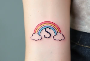 A pastel rainbow with letter "S" with soft cloud outlines. tattoo idea