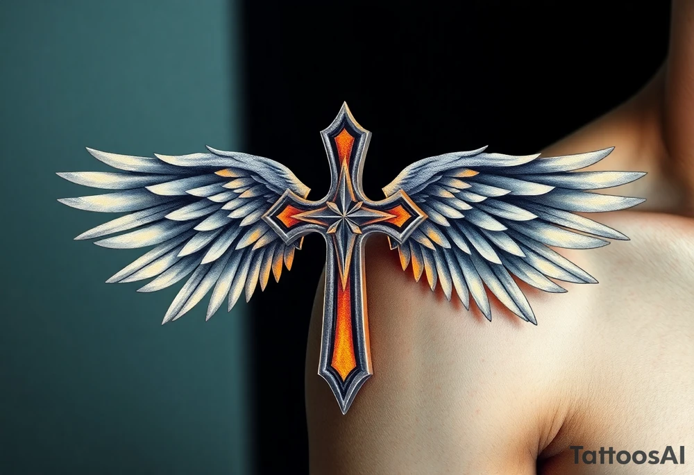 A silver gothic cross with large angelic wings, softly shaded in white and gray, glowing with divine golden light tattoo idea