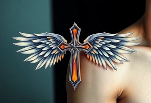 A silver gothic cross with large angelic wings, softly shaded in white and gray, glowing with divine golden light tattoo idea