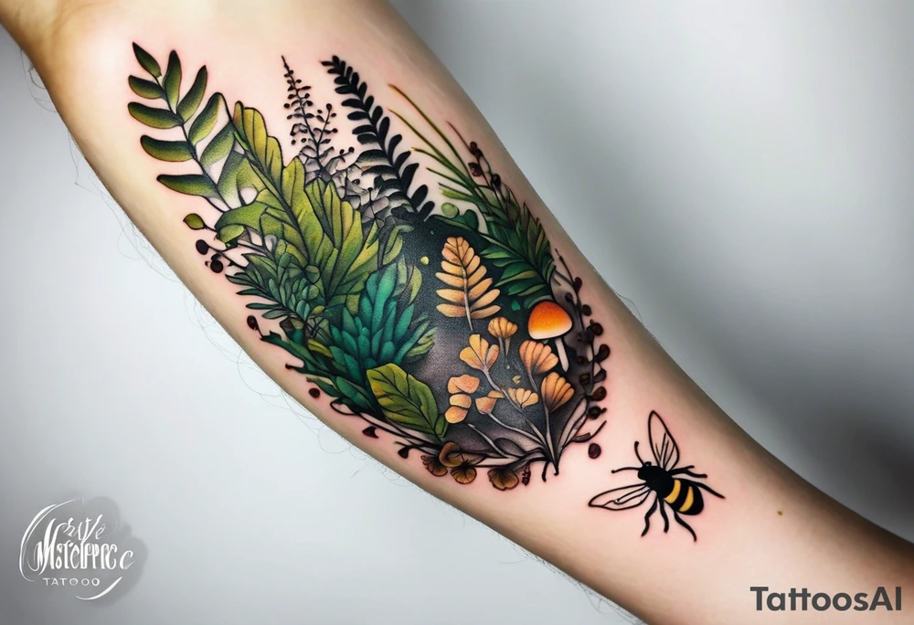 minimalistic forest floor inspired tattoo, which includes grass, moss, curly ferns and dead leaves as the bulk of the tattoo. details to include: forest berries, couple of very small brown mushrooms, a tiny bumblebee flying nearby tattoo idea