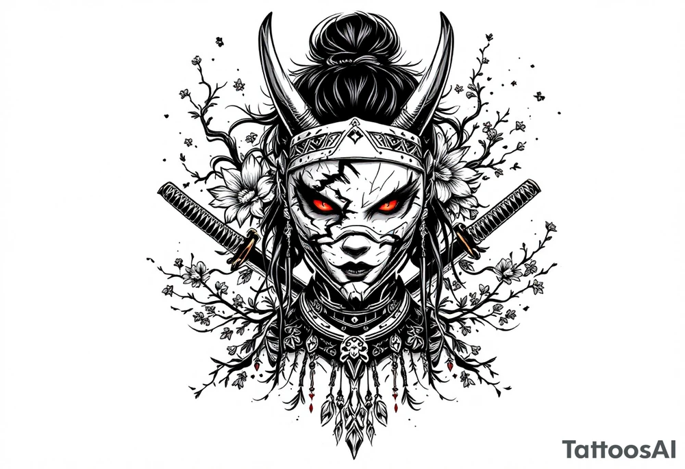 Woman samurai with red eyes wearing an half and broken kitsune mask, holding 
two katanas and Sakura flowers ornement tattoo idea