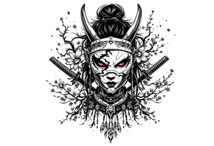 Woman samurai with red eyes wearing an half and broken kitsune mask, holding 
two katanas and Sakura flowers ornement tattoo idea