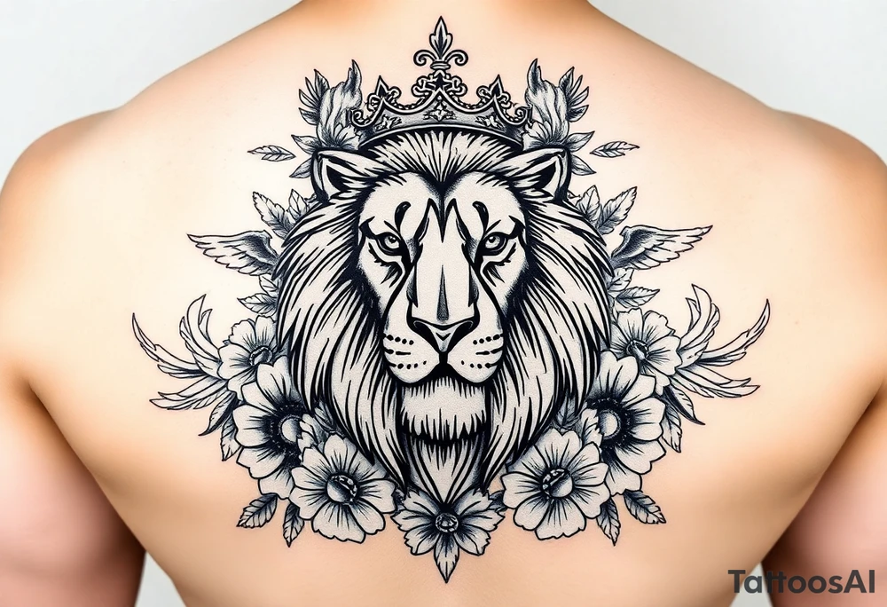 powerful majestic lion with a crown, surrounded by floral ornaments and birds tattoo idea