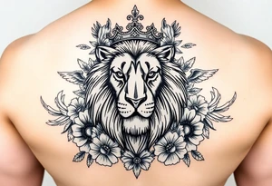 powerful majestic lion with a crown, surrounded by floral ornaments and birds tattoo idea