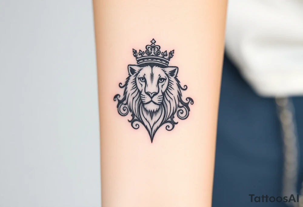 majestic lion wearing ornate crown, surrounded by baroque flourishes tattoo idea