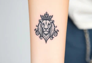 majestic lion wearing ornate crown, surrounded by baroque flourishes tattoo idea