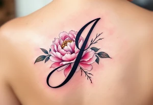 Elegant cursive "J" in deep black ink, wrapped with a soft pinky peonies tattoo idea