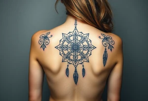 shaman symbols and one big mandala and one little mandala and feathers wicca witch spiritual and sami culture big whole back tattoo idea