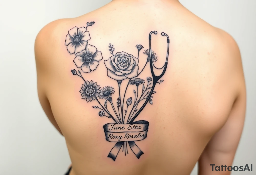 Half arm sleeve tattoo for women of 3 hollyhock flowers, one wild rose, 5 wild flowers in a bouquet with ribbon bow towards the bottom like the just got picked. On the ribbon include three names: June Etta, Roxy, Rosalie. Next the bouquet sperately put a full realistic doctors stethoscope tattoo idea