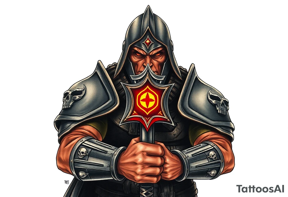 Warhammer, the Old World. A warrior priest of Sigmar holding The Warhammer of Sigmar. The Warhammer of Sigmar is radiating thunderous energy. The Warhammer is held by the warrior priest with both hands upon his chest level. The Warrior priest is wearing dark alloyed heavy armour with skull sigils on his shoulder pads. The warrior priest is wearing a fully head covered helmet, while the helmets front visor has an humanoid face covering. The helmet and armour are galdened with hints of gold and crimson red. tattoo idea