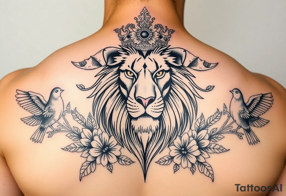 powerful majestic lion with a crown, surrounded by floral ornaments and birds tattoo idea