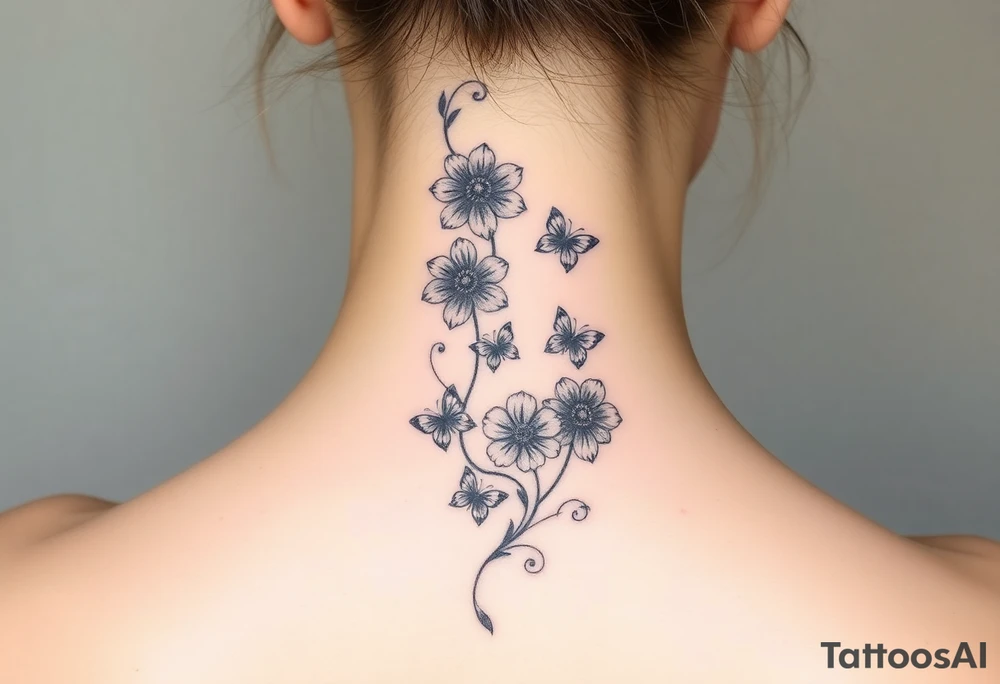 4 flowers vertical with small butterflies and swirls tattoo idea