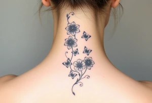 4 flowers vertical with small butterflies and swirls tattoo idea