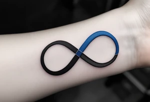 Family in an infinity symbol, one half black, the other shaded in cobalt blue. tattoo idea