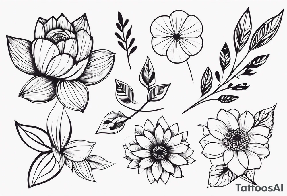 Galhos, folhas, flores e borboletas tattoo idea