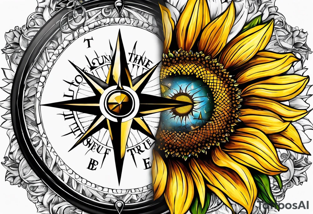 Sunflower and
 compass, with the words "To Thine Own Self Be True" tattoo idea