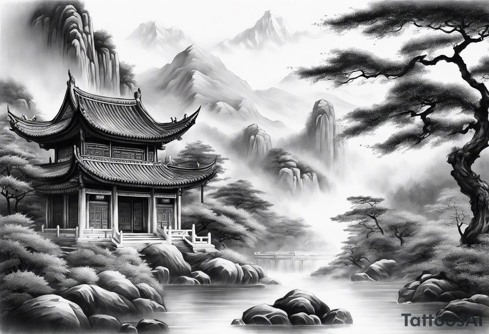 forearm sleeve traditional chinese art painting style autumn mountains mist fog water Chinese temple female with pony tail wearing robes seated meditating in the distance tattoo idea