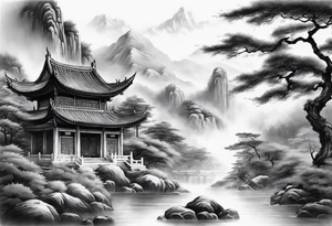 forearm sleeve traditional chinese art painting style autumn mountains mist fog water Chinese temple female with pony tail wearing robes seated meditating in the distance tattoo idea