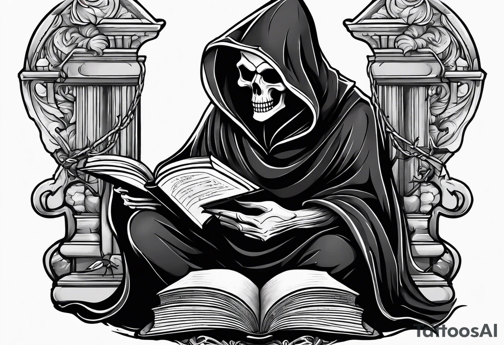 cute grim reaper sitting down reading books tattoo idea cute grim reaper sitting down reading books tattoo idea