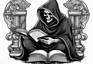 cute grim reaper sitting down reading books tattoo idea