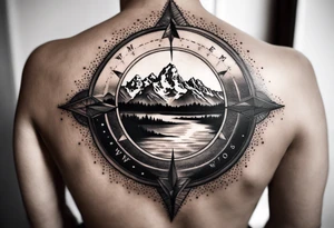 compass on shoulder with grand Tetons in the middle tattoo idea