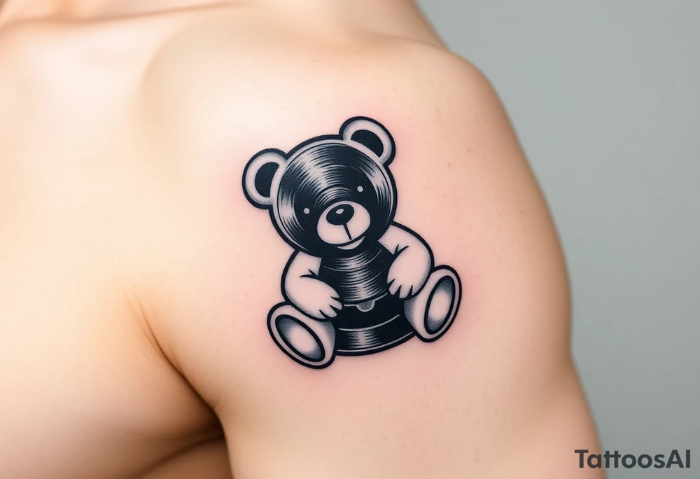 minimalist teddy bear with vinyl records as eyes smiling and sitting on a record yer tattoo idea