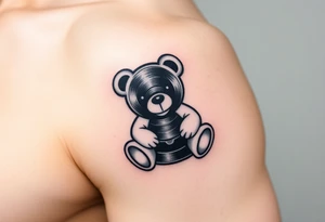 minimalist teddy bear with vinyl records as eyes smiling and sitting on a record yer tattoo idea
