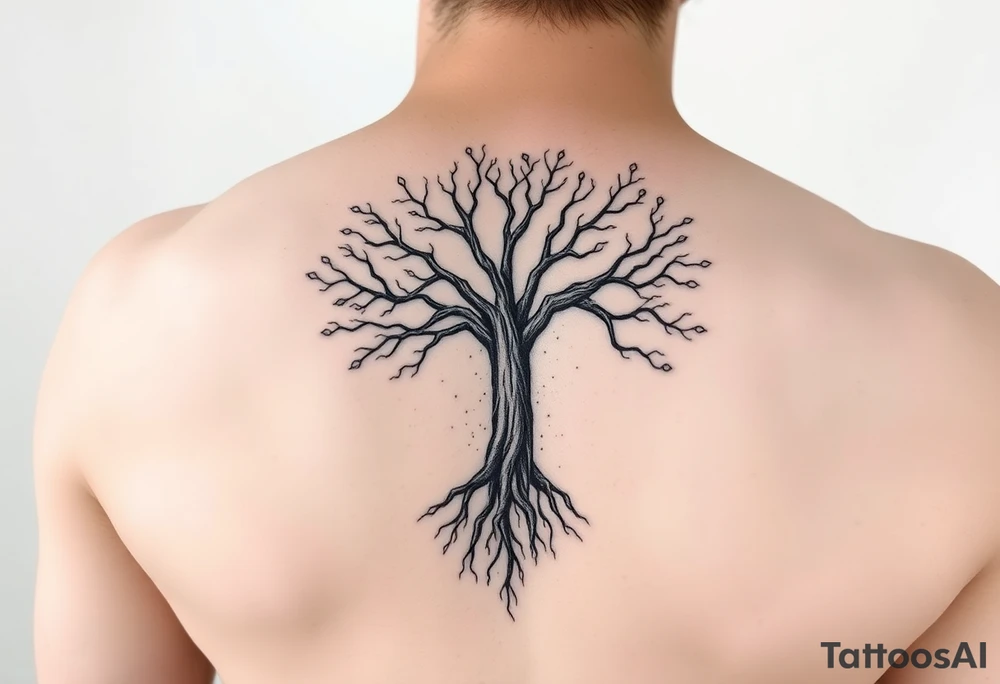 mystical tree of life with cosmic roots and celestial branches tattoo idea