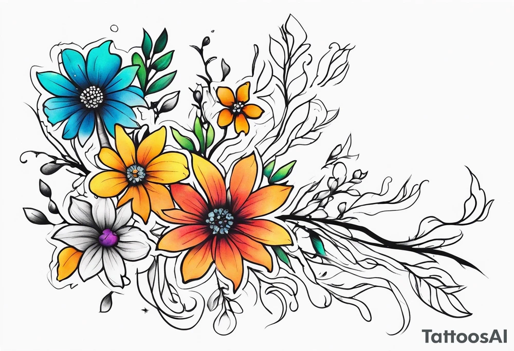 A black and white small damaged neuron with color florals tattoo idea