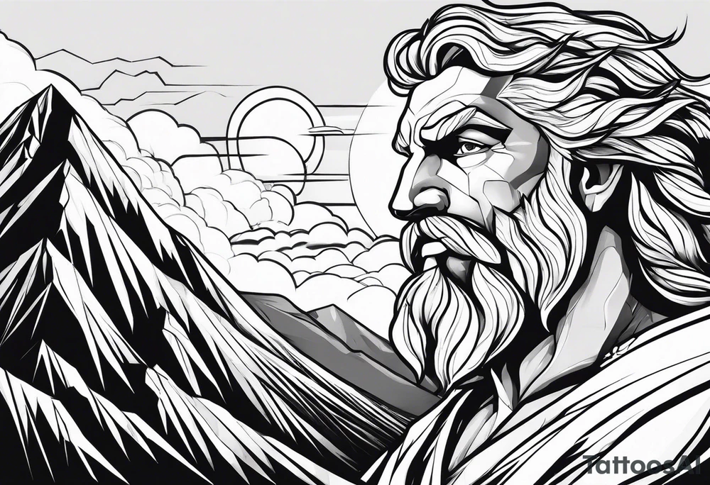 Zeus behind a Mountain View with lightning behind him and him being aggressive tattoo idea