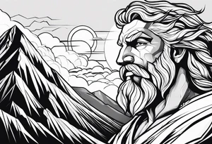 Zeus behind a Mountain View with lightning behind him and him being aggressive tattoo idea