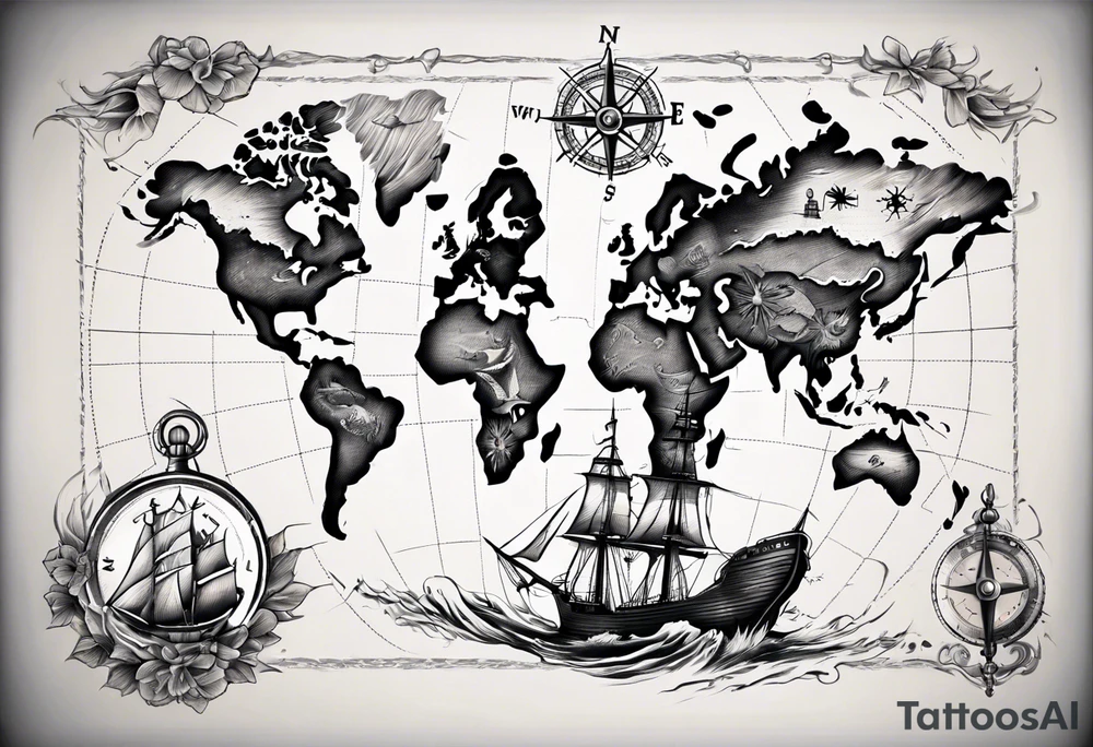 World map with a ship and compass tattoo idea