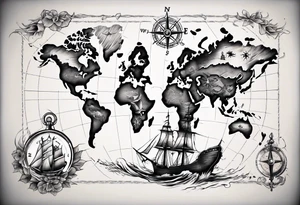 World map with a ship and compass tattoo idea