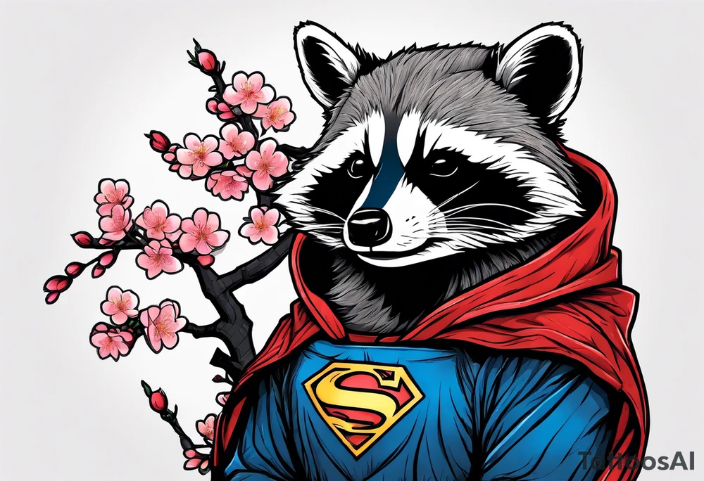Raccoon wearing a Superman hoodie and Japanese cherry blossoms tattoo idea