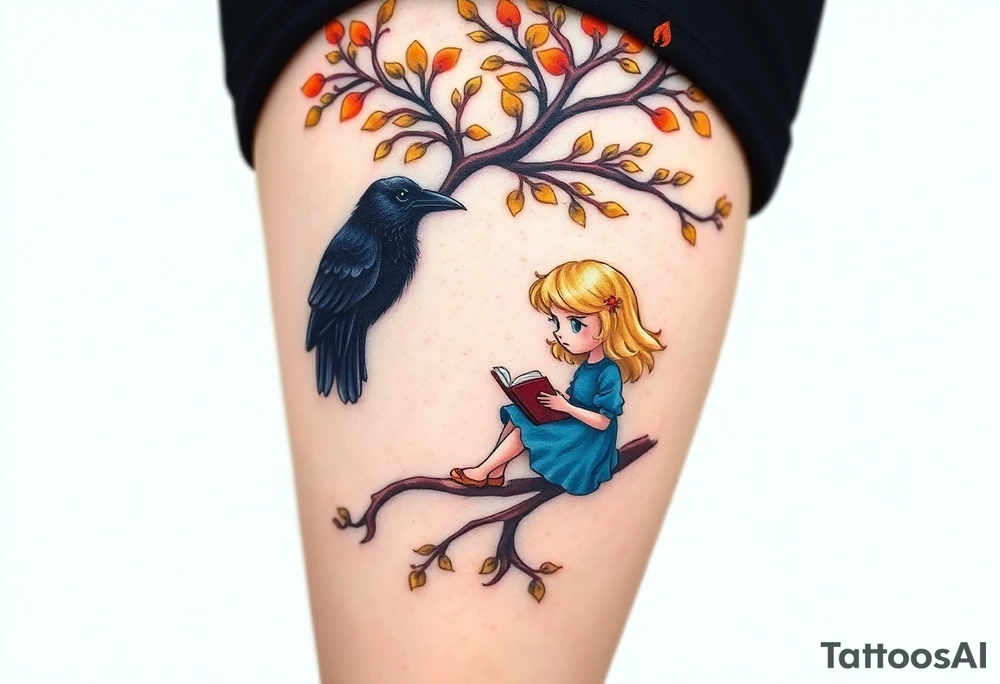 A Raven standing on the branch of an orange tree. A blond little girl wearing a blue dress sitting under the tree while reading a book. The raven is watching her. tattoo idea
