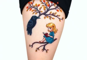A Raven standing on the branch of an orange tree. A blond little girl wearing a blue dress sitting under the tree while reading a book. The raven is watching her. tattoo idea